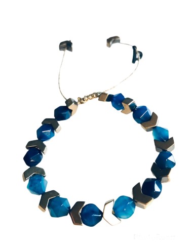 Χειροποίητο βραχιόλι από μπλε ημιπολύτιμες πέτρες Αχάτη και ροδέλες από ατσάλι Blue sea