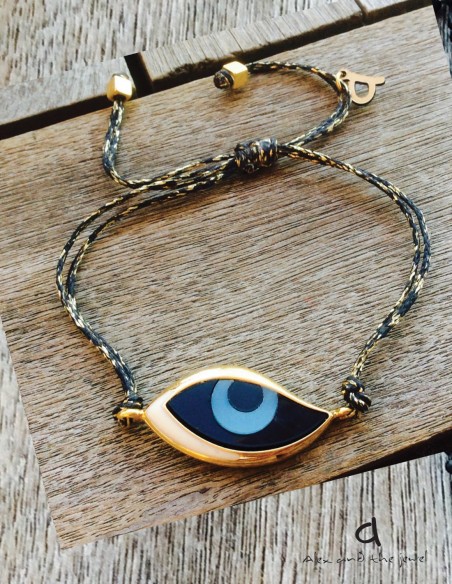 Χειροποίητο βραχιόλι κυματιστό μάτι από ορείχαλκο και φίλντισι σε δίχρωμο νήμα και διακοσμητικά επίχρυσα κυβάκια Eyes
