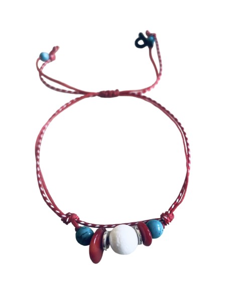 Χειροποίητο βραχιόλι μαρτάκι με πέτρα από Χαολίτη, chips από κοράλι και ροδέλες από ατσάλι σε δίχρωμο κορδόνι Sunny days