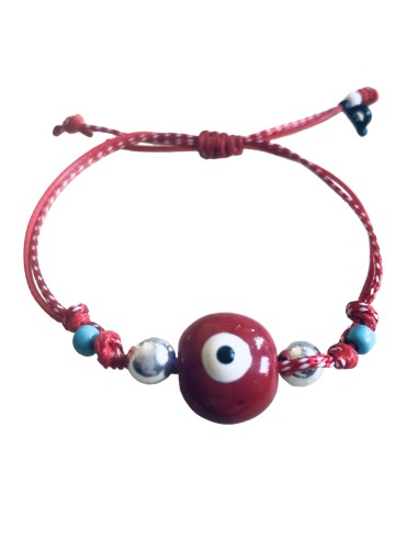 Χειροποίητο βραχιόλι ματάκι με στοιχείο στρογγυλό πομπέ κεραμικό μάτι σε κόκκινο, ασημί χάντρες και μπλε μπίλιες Mati