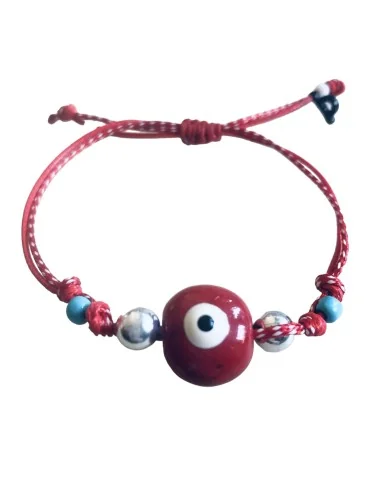 Χειροποίητο βραχιόλι ματάκι με στοιχείο στρογγυλό πομπέ κεραμικό μάτι σε κόκκινο, ασημί χάντρες και μπλε μπίλιες Mati