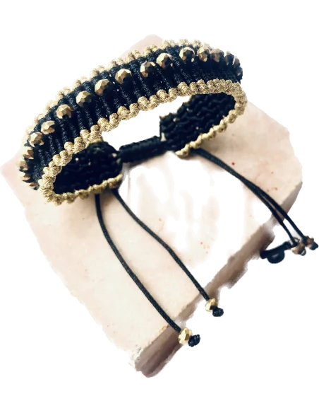 Χειροποίητο βραχιόλι μακραμέ σε μαύρο και χρυσό με χρυσά κρύσταλλα Venice