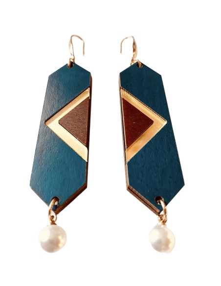 Χειροποίητα ξύλινα γεωμετρικά σκουλαρίκια με πέρλα Senegal