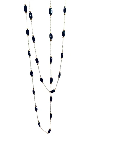 Χειροποίητο κόσμημα κολιέ χρυσή αλυσίδα από ατσάλι και οβάλ μαύρα κρύσταλλα Pythia