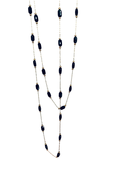 Χειροποίητο κόσμημα κολιέ χρυσή αλυσίδα από ατσάλι και οβάλ μαύρα κρύσταλλα Pythia