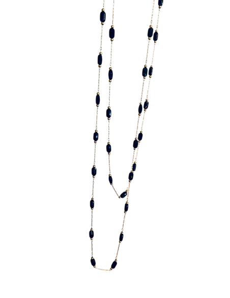 Χειροποίητο κόσμημα κολιέ χρυσή αλυσίδα από ατσάλι και οβάλ μαύρα κρύσταλλα Pythia