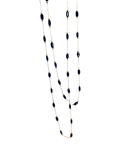 Χειροποίητο κόσμημα κολιέ χρυσή αλυσίδα από ατσάλι και οβάλ μαύρα κρύσταλλα Pythia