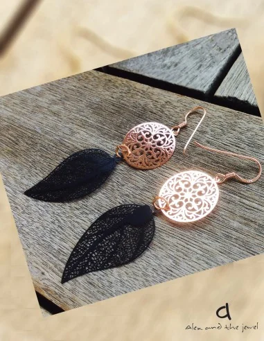 Κόσμημα σκουλαρίκια φιλιγκρί από κατεργασμένο ορείχαλκο σε μαύρο και ροζ χρυσό με γάντζους από ασήμι 925 επιχρυσωμένο