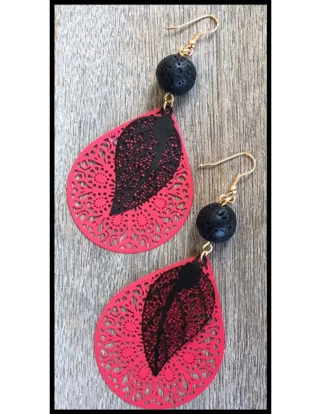 Κόσμημα σκουλαρίκια φιλιγκρί σε φούξια χρώμα σε σχήμα σταγόνας, μαύρο φύλλο και ορυκτή πέτρα λάβας Rosita