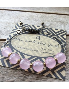 Χειροποίητο κόσμημα βραχιόλι με ροζ ημιπολύτιμες πέτρες Αχάτη και χρυσές πέτρες Αιματίτη σε κορδόνι με αυξομείωση Pinko 2