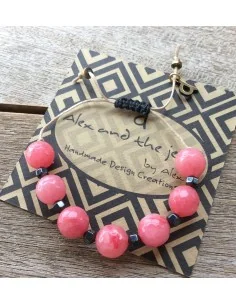 Χειροποίητο κόσμημα βραχιόλι με ημιπολύτιμες πέτρες ροζ Αχάτη και Αιματίτη σε μπεζ κορδόνι με αυξομείωση Korin 2