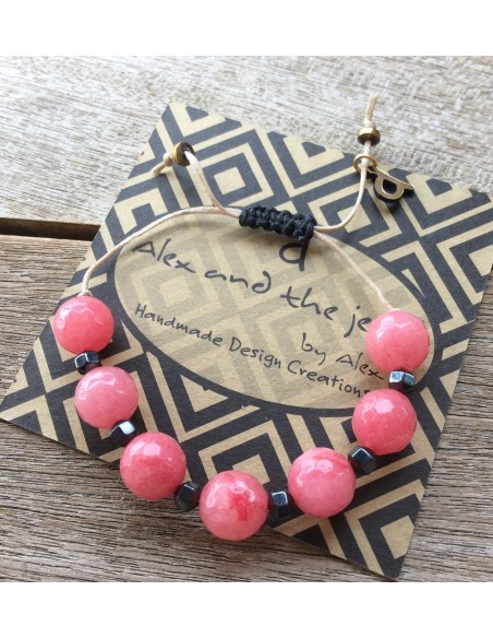 Χειροποίητο κόσμημα βραχιόλι με ημιπολύτιμες πέτρες ροζ Αχάτη και Αιματίτη σε μπεζ κορδόνι με αυξομείωση Korin