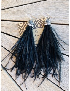 Κόσμημα γυναικεία σκουλαρίκια με φυσικά φτερά σε μαύρο ή λευκό και καπάκι με λαμπερές πέτρες Μαρκασίτη Feathers 2