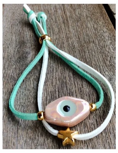 Χειροποίητο βραχιόλι μάτι σε διπλό δίχρωμο σουέτ κορδόνι, επίχρυσα διακοσμητικά στοιχεία και αυξομείωση Pinko