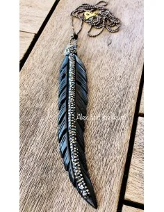 Χειροποίητο κολιέ μαύρο φτερό Feather 2