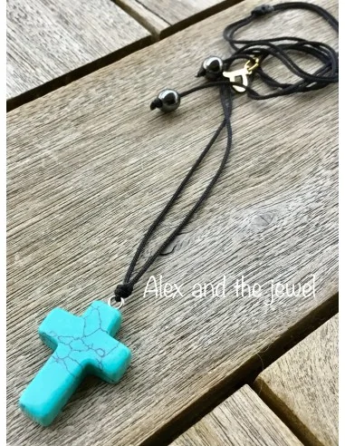 Χειροποίητο κολιέ κόσμημα σταυρός από πέτρα Χαολίτη Ciel