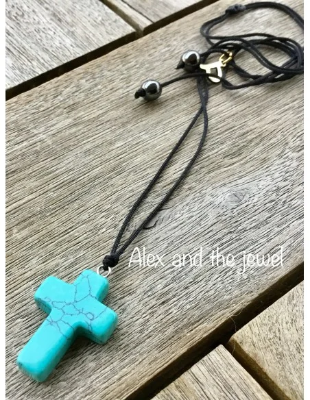 Χειροποίητο κολιέ κόσμημα σταυρός από πέτρα Χαολίτη Ciel