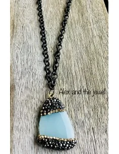 Κολιέ με κρεμαστό στοιχείο από ημιπολύτιμο λίθο Φεγγαρόπετρα και πέτρες μαρκασίτη σε gun metal αλυσίδα με αυξομείωση Moon 2