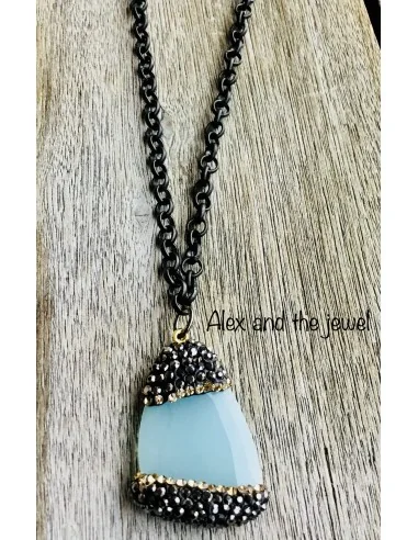 Κολιέ με κρεμαστό στοιχείο από ημιπολύτιμο λίθο Φεγγαρόπετρα και πέτρες μαρκασίτη σε gun metal αλυσίδα με αυξομείωση Moon