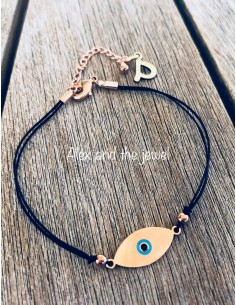 Βραχιόλι μάτι από ατσάλι σε ροζ χρυσό σε μαύρο κορδόνι με αλυσίδα με αυξομείωση Gina