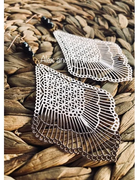 Κόσμημα σκουλαρίκια φιλιγκρί σε ροζ χρυσό και ημιπολύτιμες πέτρες Aιματίτη Silia